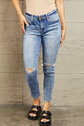 BAYEAS Mid Rise Distressed Skinny Jeans - Dark Wash Chic Denim